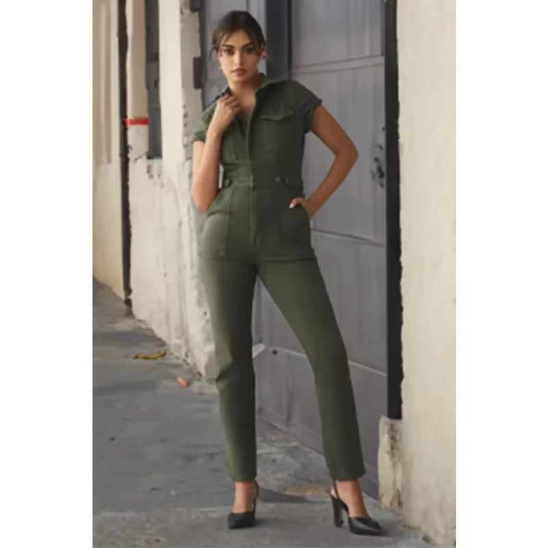 Stylish Plus Size Denim Jumpsuit for Women - Trendy Short Sleeve Overalls with Turn Down Collar