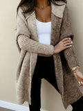 Block Hooded Knitted Cardigan – Plus Size Mid-Length Sweater Coat